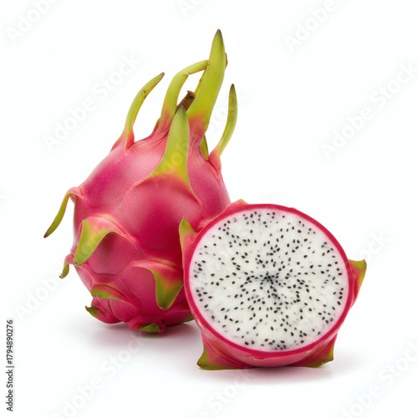 Fototapeta Minimal studio image of dragon fruit, featuring a full fruit and a halved piece displaying crisp white flesh with seeds, isolated on pure white.