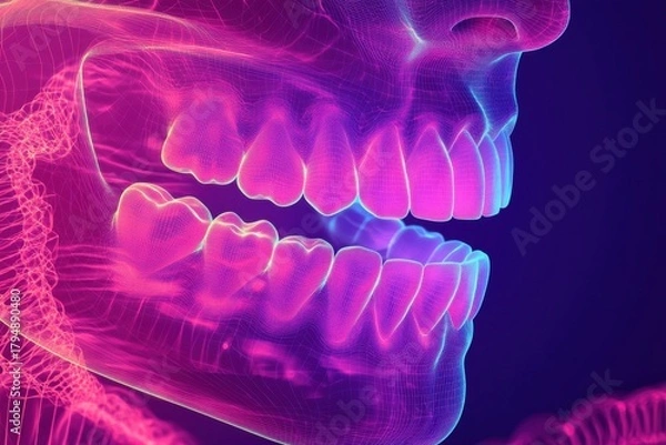 Fototapeta Futuristic holographic 3D visualization of a human skull