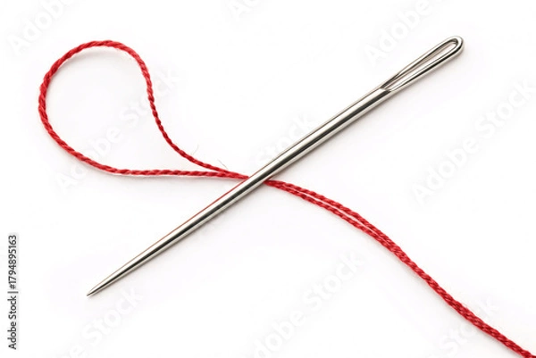 Fototapeta Stunning macro shot of a needle threaded with vibrant red yarn perfect for sewing projects and creative designs on white backdrop