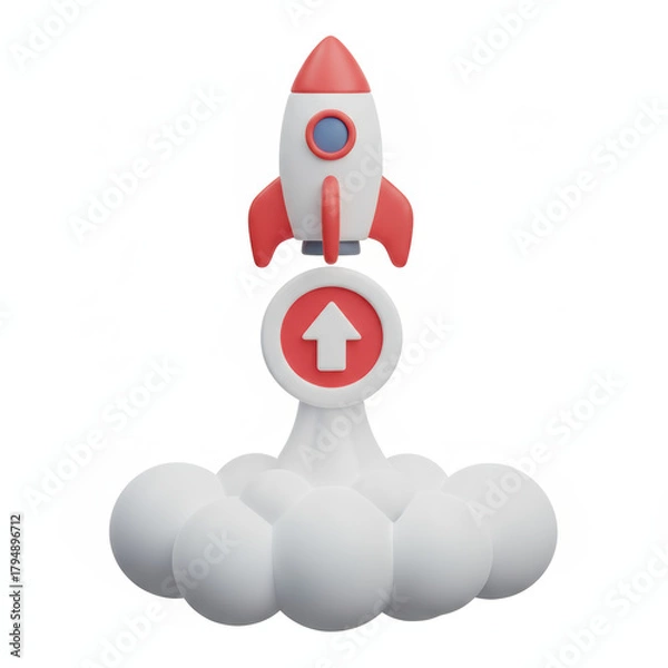 Obraz 3d rocket launch icon with financial growth arrow, minimal white cloud base, playful feel
