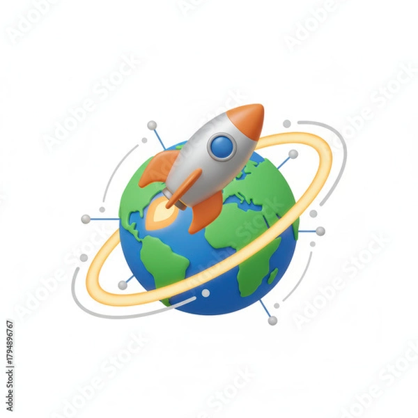 Fototapeta 3d rocket financial growth around globe with orbit ring and dynamic launch energy