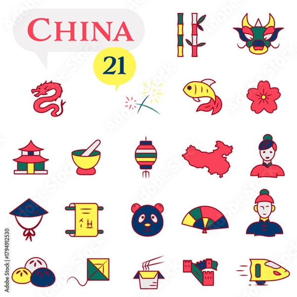 Fototapeta A set of icons in red, white, and yellow, dedicated to life in China.