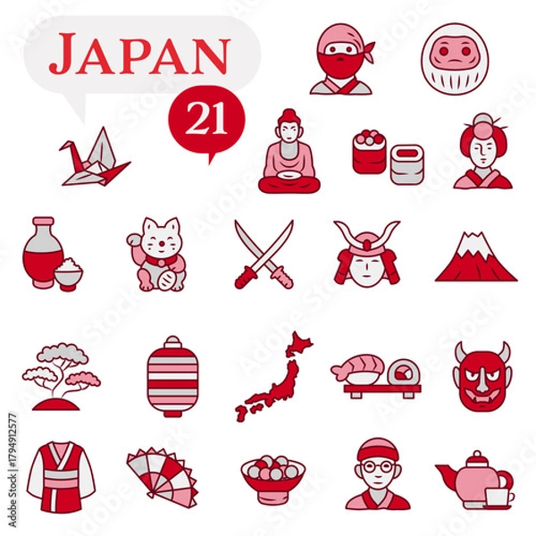 Fototapeta A set of icons in a red and white palette dedicated to life in Japan.