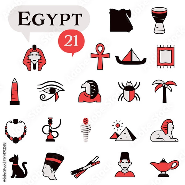 Fototapeta A set of icons in red and black colors dedicated to life in Egypt.