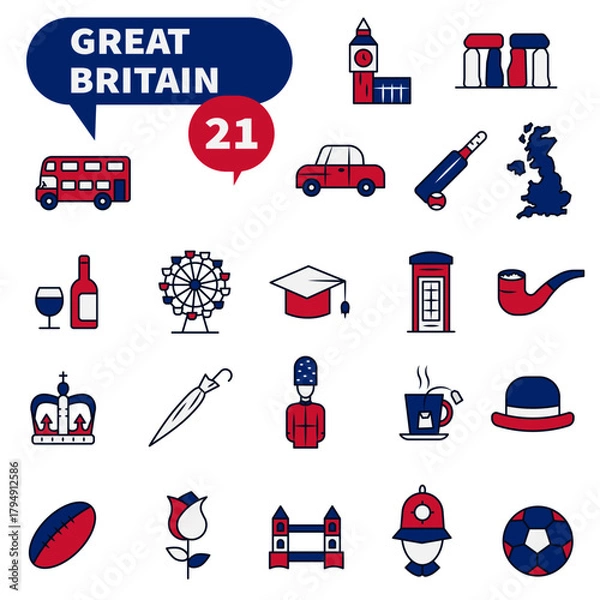 Fototapeta A set of icons in a blue and red palette dedicated to life in the United Kingdom.