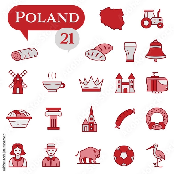 Fototapeta A set of red and white icons dedicated to life in Poland.