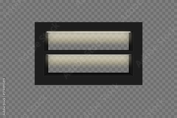 Fototapeta Black bookshelf with built-in lighting, modern design for books and presentations on a transparent background. Isolated light. Vector illustration.