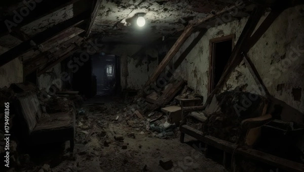 Fototapeta Dark and Eerie Attic with Exposed Beams and Dim Lighting.