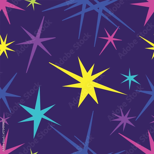 Fototapeta A striking seamless vector pattern featuring vibrant, multicolored abstract stars scattered across a dark background. This vibrant, contrasting design is perfect for textiles and packaging.