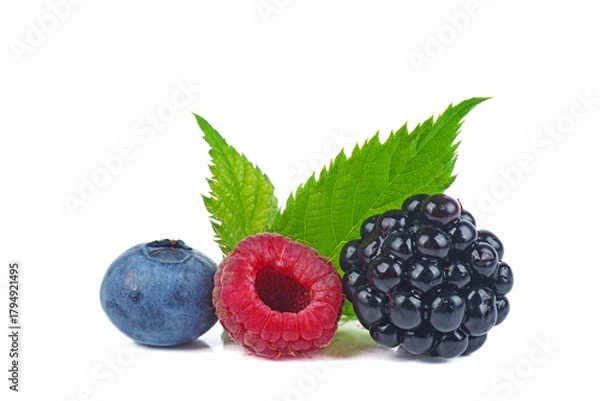 Obraz Berry mix isolated on a white background. Raspberry, blueberry, blackberry.