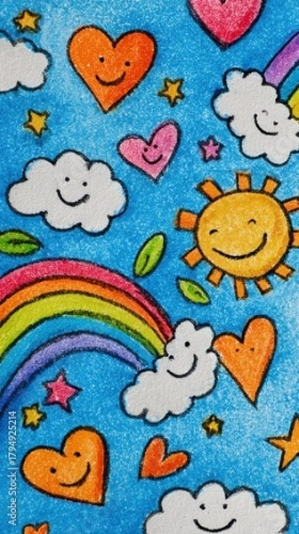 Fototapeta Happy Sky Drawing with Rainbow and Hearts