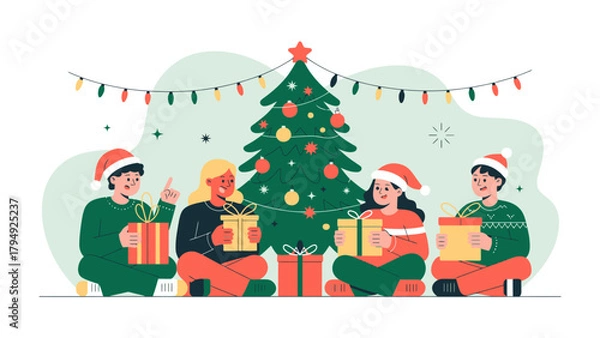 Obraz Festive Gathering: Friends and family gather around a decorated tree, exchanging gifts and sharing laughter, creating a scene of warmth and joy. 