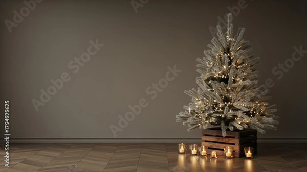 Fototapeta Festive christmas tree with warm fairy lights and candles in a rustic wooden crate