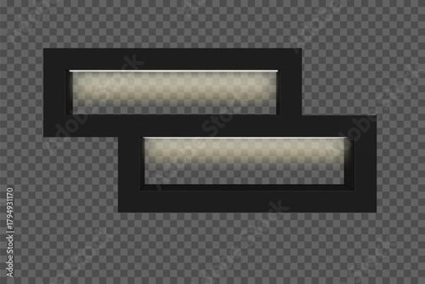 Fototapeta Black bookshelf with offset shelves and built-in lighting. Modern 3D design for books and presentations on a transparent background. Isolated light. Vector illustration.