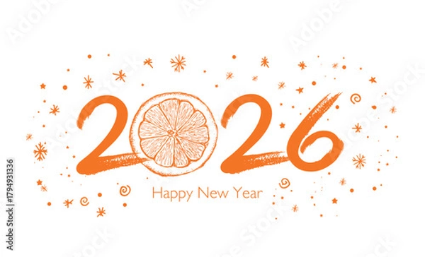 Obraz New Year 2026 card on white, postcard, hand drawn illustration.	
