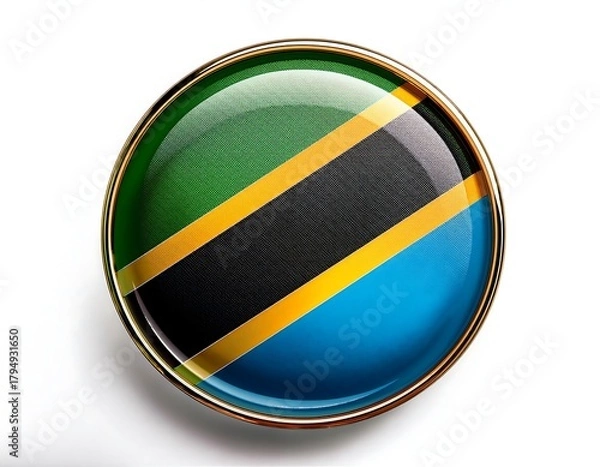 Fototapeta Vibrant glossy round icon button showcasing the national flag of Tanzania, featuring its distinctive green, black, yellow, and blue stripes, set against a clean white background
