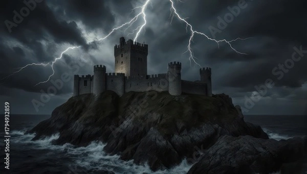 Obraz Dramatic Castle on a Rocky Outcrop During a Lightning Storm at Night.