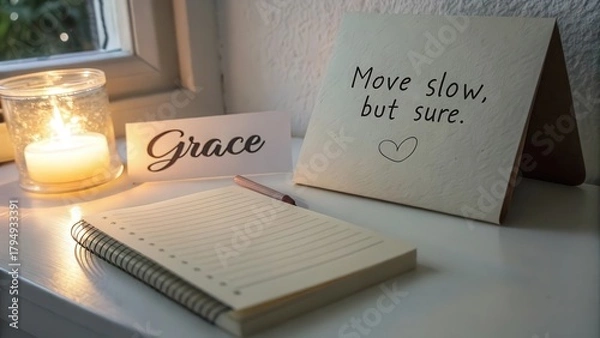 Fototapeta A thoughtful collection of a spiral notebook a pen and handwritten cards with inspiring messages in warm soft light