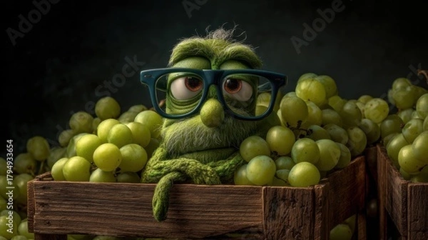 Fototapeta Anthropomorphic Elderly Grape Character with Glasses in Wooden Crate