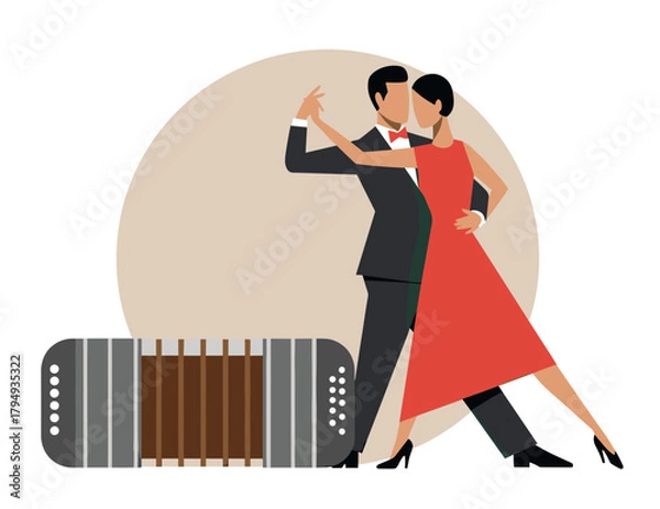 Fototapeta Illustration of couple dancing tango with bandoneon on white background — ideal for tango, Argentinian music and cultural content.