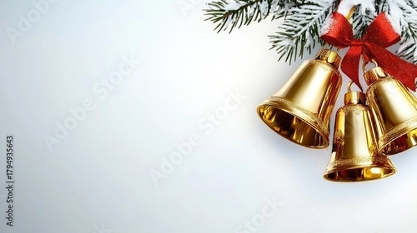 Fototapeta Christmas bells with shimmering gold and bright red ribbons are elegantly displayed on a snowy pine branch, creating a festive mood with a soft bokeh backdrop for seasonal greetings