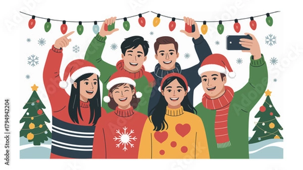 Obraz Holiday cheer captured in a festive gathering: A group of friends and family come together. Sharing a cheerful moment amidst holiday decorations, capturing the spirit of togetherness and warmth.