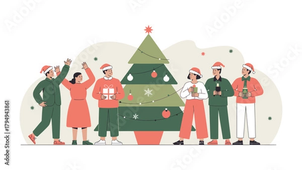 Obraz Holiday gathering around Christmas Tree: A festive scene unfolds as a group of people, donned in holiday attire, gather around a beautifully decorated Christmas tree, full of cheer and anticipation.