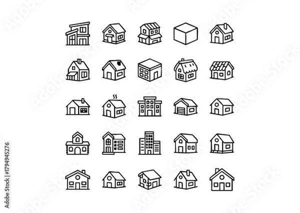 Fototapeta Monochromatic Dwellings: Vector House and Home Icons, Black and White Real Estate: Stylized Residential Icon Collection, Architectural Line Art: Diverse Vector House Graphics
