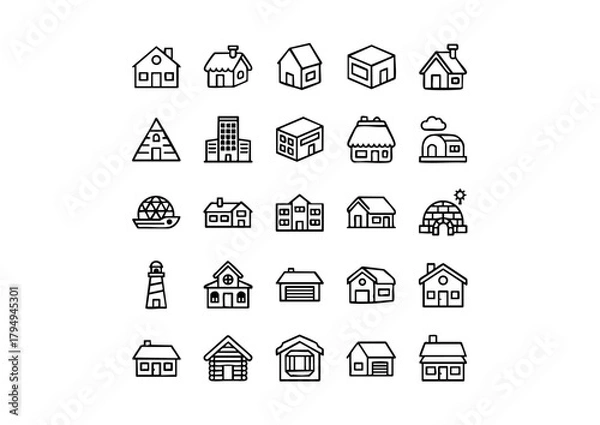Fototapeta Monochromatic Dwellings: Vector House and Home Icons, Black and White Real Estate: Stylized Residential Icon Collection, Architectural Line Art: Diverse Vector House Graphics