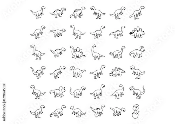 Fototapeta Monochromatic Mega Fauna: Vector Dinosaur Icons, Black and White Prehistory: Stylized Dinosaur Icon Collection, Jurassic Line Art: Dinosaur and Fossil Vector Graphics