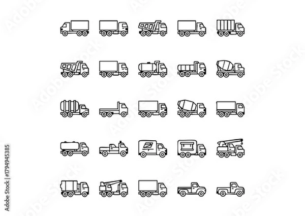 Fototapeta Monochromatic Haulers: Vector Lorry and Truck Icons, Black and White Transport: Commercial Vehicle Vector Icon Set, Heavy Duty: Stylized Lorry and Logistics Graphics Collection