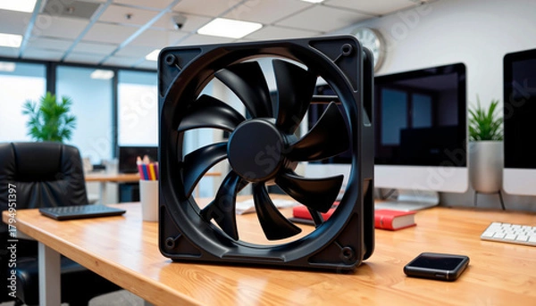 Fototapeta Office desktop fan fan on a wooden desk with computer and plant background  