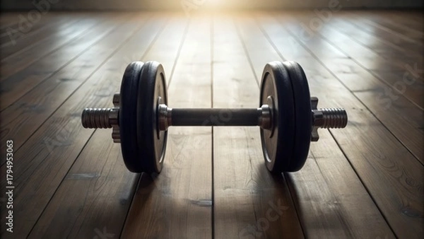 Fototapeta An adjustable dumbbell resting on a wooden gym floor under a warm cinematic light