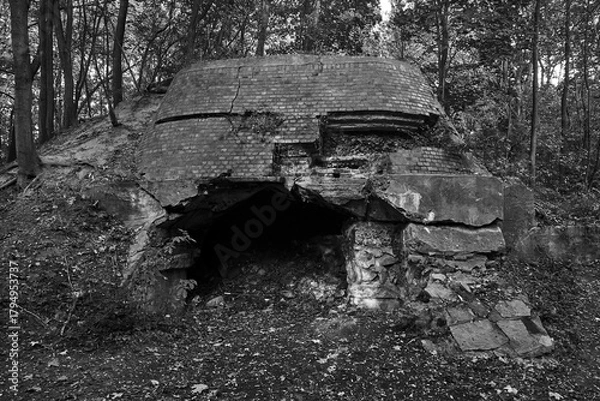 Fototapeta Ruins of a historic Prussian fort blown up in the forest in Poznan