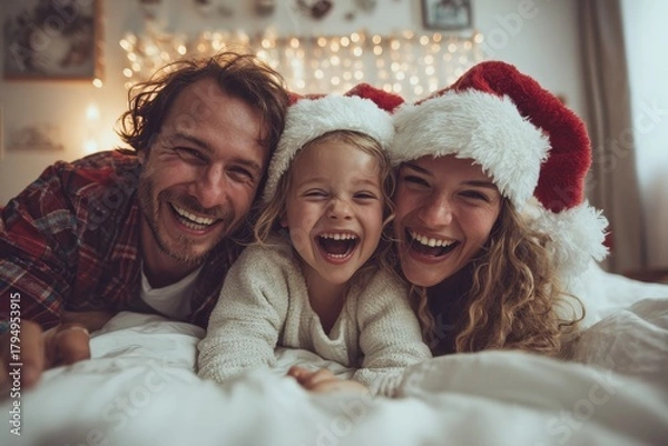 Fototapeta Joyful family enjoying Christmas together in bed