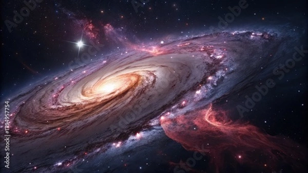Fototapeta An immense swirling spiral galaxy of cosmic dust and bright stars glowing vividly in the dark expanse of space