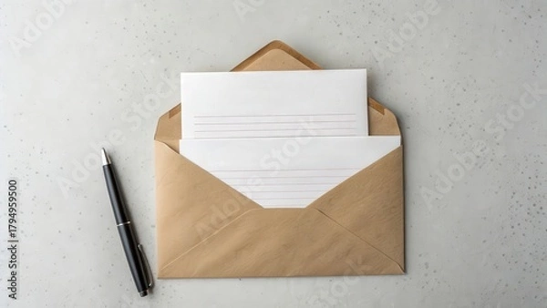 Fototapeta An open brown paper envelope revealing blank lined papers ready for a message positioned next to a black pen on a light gray background