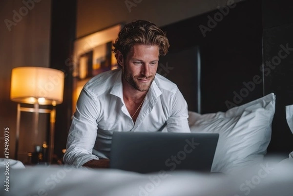 Fototapeta Attractive young executive in a hotel bed emailing a partner Freelance professional at home creating projects for his client on a laptop