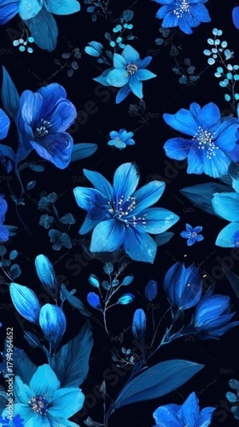 Fototapeta Vibrant Blue Floral Pattern on Dark Background