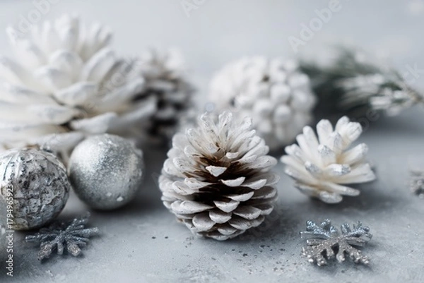 Obraz White Christmas Pine Cones and Ornaments