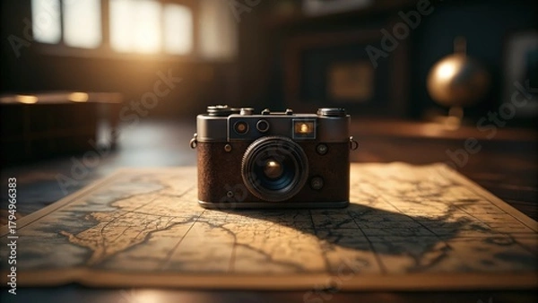 Fototapeta Classic brown vintage camera resting on an old map bathed in cinematic soft light