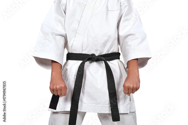 Fototapeta A karate guy in a white kimono and a black belt got ready to do Kata. Strength, endurance, and martial arts concept