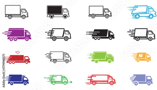 Fototapeta Collection of delivery truck icons, showcasing various styles and colors, perfect for illustrating transportation, logistics, and fast shipping services in modern designs