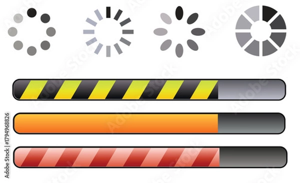 Fototapeta Loading bars and spinners a collection of progress indicators, including circular spinners and horizontal bars, showcasing different styles and completion states for web and app design