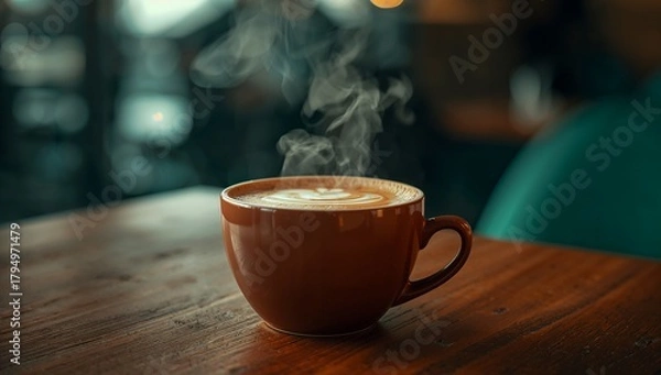 Obraz Warm steaming cup of freshly brewed coffee on wooden table inside cozy café creating comforting atmospheric morning beverage scene