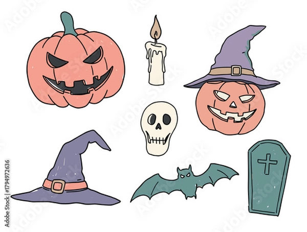 Fototapeta Minimalist Halloween icons set with pumpkin, witch hat, bat, coffin, skull and candle — ideal for holiday, festive and design content.