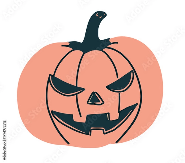 Fototapeta Halloween pumpkin with evil face on white background — ideal for holiday, festive and cozy home content.