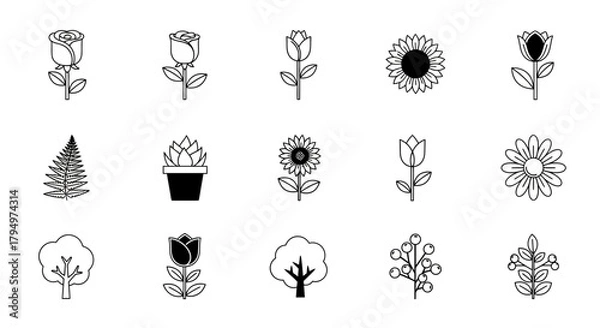 Obraz Diverse collection of stylized botanical icons featuring flowers, plants, trees, and berries, perfect for modern design projects.