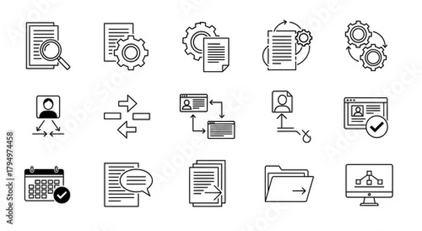 Fototapeta Modern business icons representing workflow, data, and management processes, perfect for digital presentations and applications.