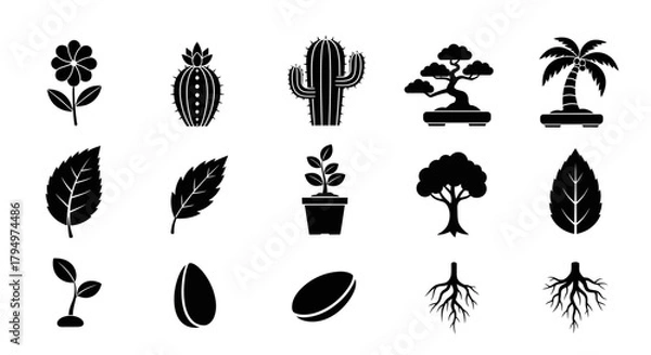 Obraz Vibrant botanical icons showcasing diverse plant life from delicate flowers to robust trees and intricate roots, perfect for nature and growth themes